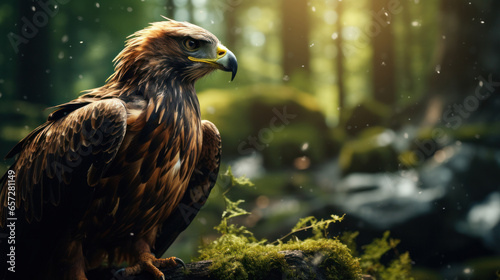 Portrait of an eagle sitting on a branch in the forest, generative AI