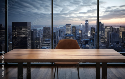 Wooden table and chair against view of highrise buildings cityscape during sunset background. High quality photo