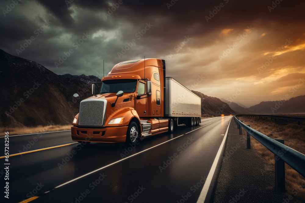 In the logistics industry, a massive cargo truck speeds along a desert highway, hauling freight under a vibrant sunset, symbolizing efficient transportation and supply chain management.