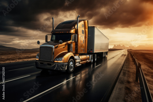 In the logistics industry  a massive cargo truck speeds along a desert highway  hauling freight under a vibrant sunset  symbolizing efficient transportation and supply chain management.