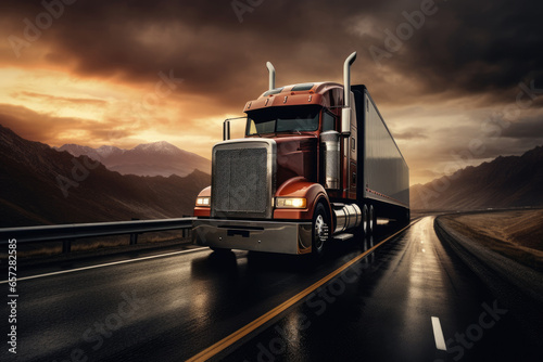 In the logistics industry, a massive cargo truck speeds along a desert highway, hauling freight under a vibrant sunset, symbolizing efficient transportation and supply chain management. photo