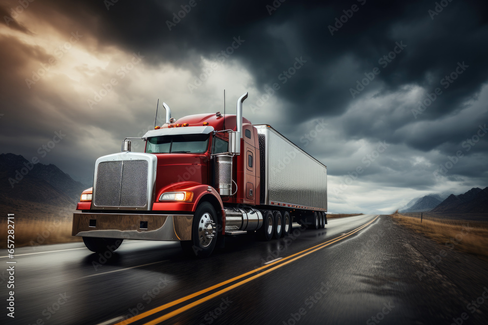 In the logistics industry, a massive cargo truck speeds along a desert highway, hauling freight under a vibrant sunset, symbolizing efficient transportation and supply chain management. In the logistics industry, a massive cargo truck speeds along a desert highway, hauling freight under a vibrant sunset, symbolizing efficient transportation and supply chain management.
