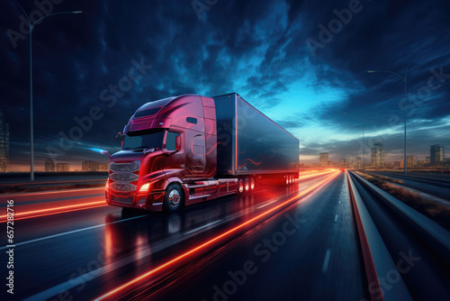 In the logistics industry, a massive cargo truck speeds along a desert highway, hauling freight under a vibrant sunset, symbolizing efficient transportation and supply chain management.