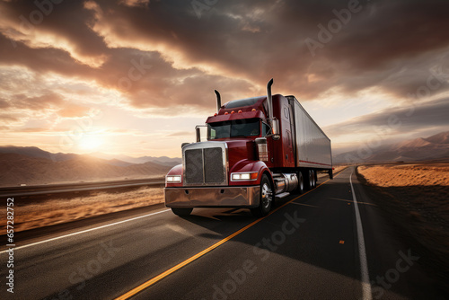 In the logistics industry, a massive cargo truck speeds along a desert highway, hauling freight under a vibrant sunset, symbolizing efficient transportation and supply chain management.