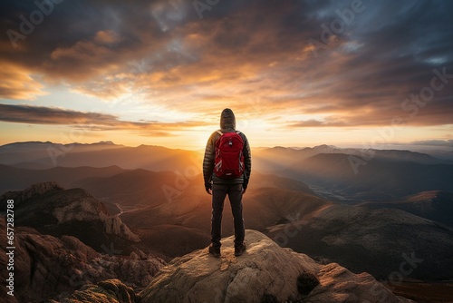  A lone hiker stands atop a mountain at sunset 