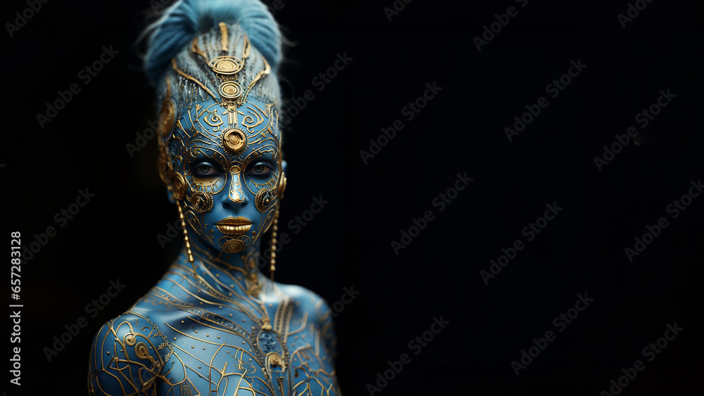 Einzigartiges schönes Gesicht bemalt mit Motiven aus Bodypainting gold und blau Farben und mit grandiosen Kopfschmuck als Nahaufnahme Poster in Querformat als Bannerformat, ai generativ