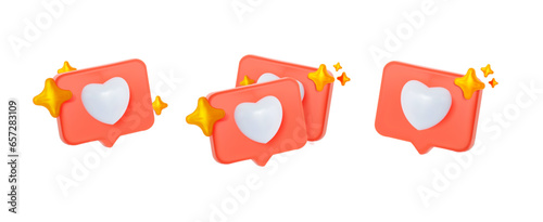 3D like heart button symbols with elements gold stars. Social media concept. heart shape social media notification. 3d vector images.   