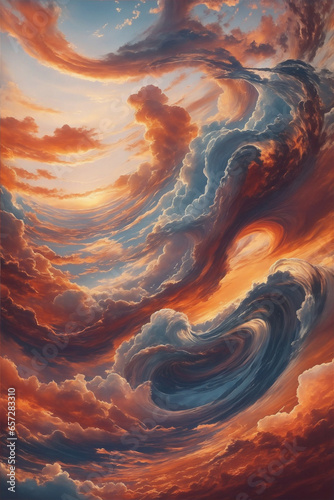 Gaze upon the celestial beauty of swirling clouds brilliantly illuminated in the sky. Generated Ai