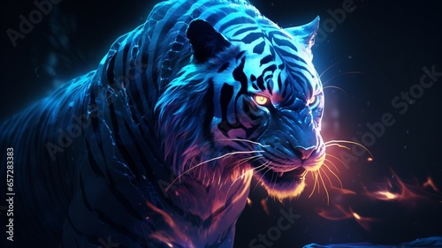 Bioluminescent tiger high resolution neon illustrator Ai generated art