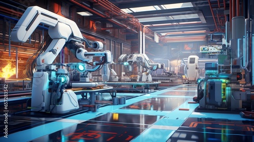 an inviting scene featuring a futuristic factory floor bustling with autonomous robots, a testament to the complexity and elegance of Robotics