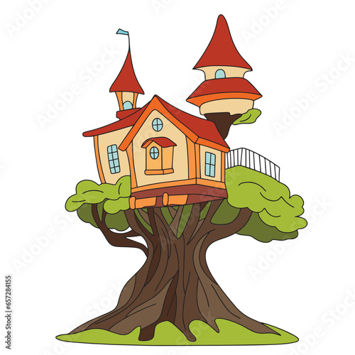 Tree house colored outline. Hand drawn house on three isolated on white background. Doodle house tree. Vector illustration.