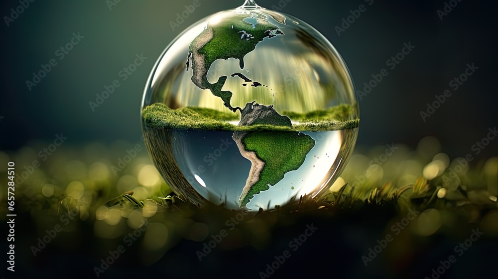 Concept. Scarcity of water. Global water awareness. Earth encased within a clear, liquid sphere. Highlighting the critical issues of water scarcity, conservation, and the planet's water needs. Ecology Concept. Scarcity of water. Global water awareness. Earth encased within a clear, liquid sphere. Highlighting the critical issues of water scarcity, conservation, and the planet's water needs. Ecology