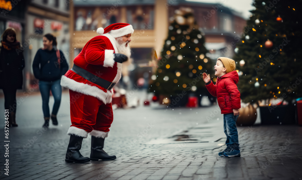 Little boy standing next to man in santa suit with megaphone. Little boy standing next to man in santa suit with megaphone.