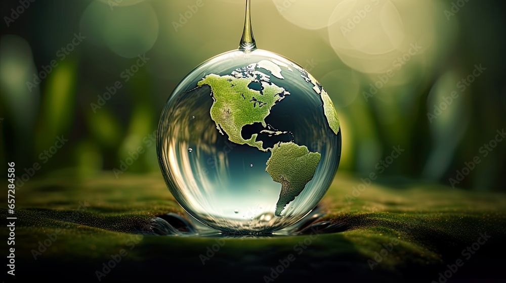 Concept. Scarcity of water. Global water awareness. Earth encased within a clear, liquid sphere. Highlighting the critical issues of water scarcity, conservation, and the planet's water needs.