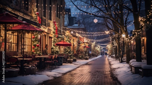 Colorful Christmas lights and decorations on a city street