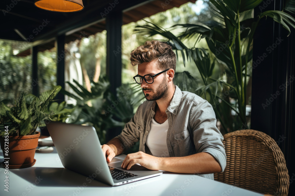 Freelance young man working sitting on table using laptop computer.