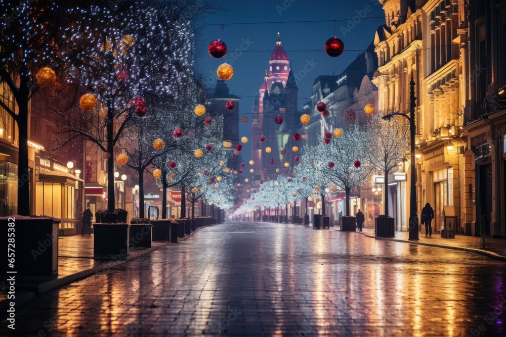 Colorful Christmas lights and decorations on a city street