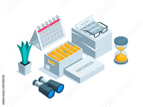 isometric box with folders and a stack of documents, in color on a white background, working with archival documentation