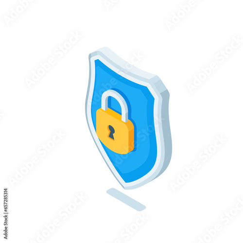 isometric shield and door lock, in color on a white background, reliable data or account protection