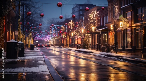 Colorful Christmas lights and decorations on a city street