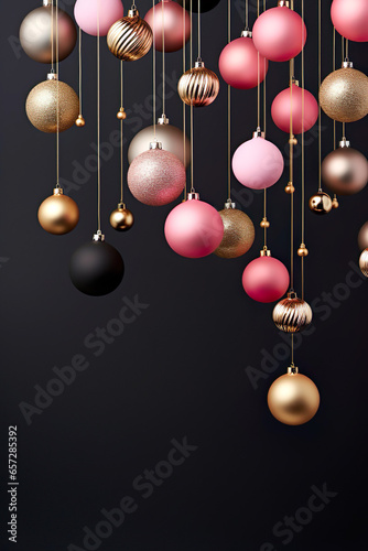 black, pink and golden christmas balls hanging in front of a black background with space for text, elegant christmas background