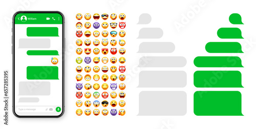 Smartphone messaging app, user interface design with emoji. SMS text frame. Chat screen with green message bubbles. Texting app for communication. Social media application. Vector illustration