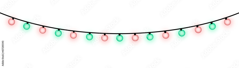 Guirnalda de luces de navidad, rojas y verdes, con resplandor, sin fondo. - obrazy, fototapety, plakaty 