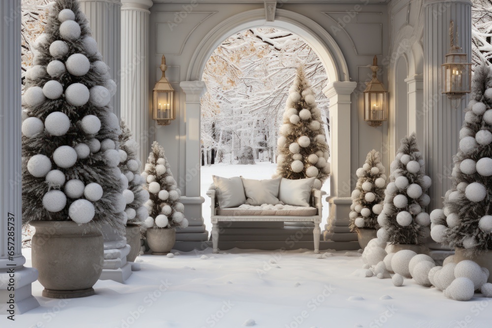 Festive outdoor decorations with snowy trees and a wreath