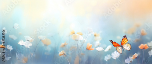 Spring floral background. Blossoming tree flowers on a branch with sun flare. Beautiful blooming yellow flowers on long stalks close-up with soft focus