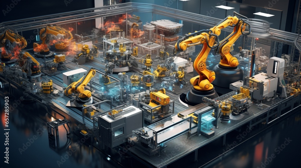 an image of an assembly line powered by robotic automation, highlighting the elegance of innovation in the world of Robotics