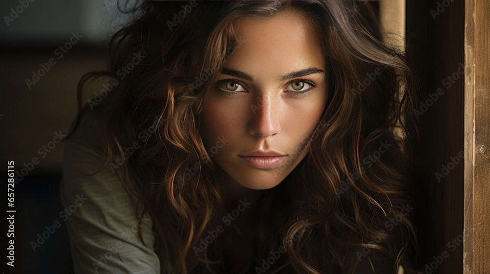 Close-up photo of a female model with a determined and strong gaze.