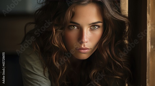 Close-up photo of a female model with a determined and strong gaze.