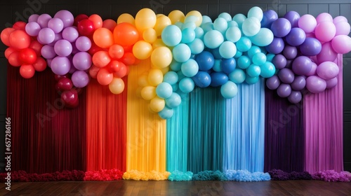 Vibrant rainbow balloon backdrop with tassels