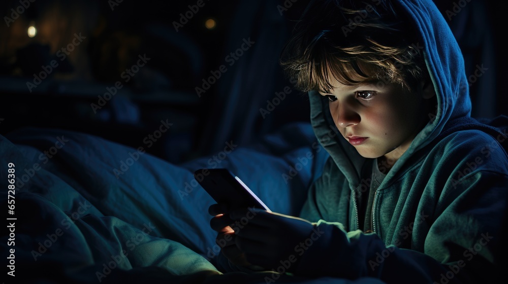 Model of a little boy playing with his phone at bedtime. Model of a little boy playing with his phone at bedtime.