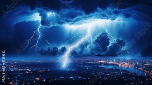 Electricity Charges the Sky with Lightning and Thunder on a Dark Night