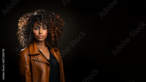 Hübsche rassige Frau mit Mega lockigen Haar und Volumen mit toller Lederjacke im dunklen Licht im Querformat, ai generativ photo