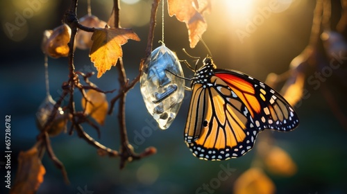 A colorful butterfly lands on a transparent cocoon. photo