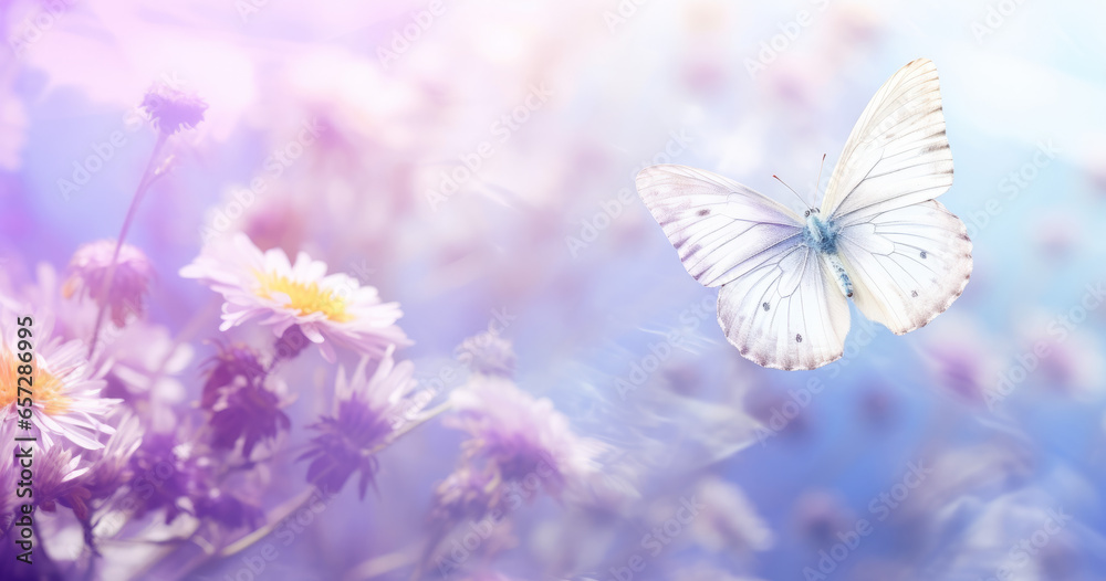 Beautiful white butterfly on white flower buds on a soft blurred blue background spring or summer in nature. Gentle romantic dreamy artistic image, beautiful round bokeh. Beautiful white butterfly on white flower buds on a soft blurred blue background spring or summer in nature. Gentle romantic dreamy artistic image, beautiful round bokeh.