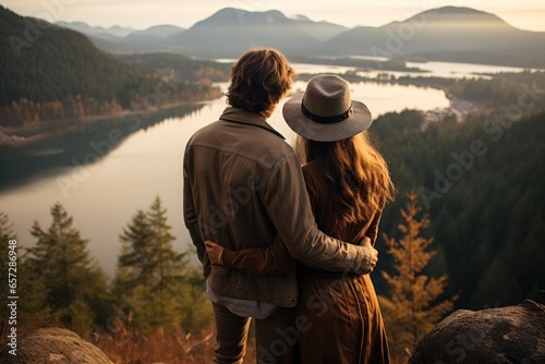 Man holds woman from behind while looking out at a scenic view