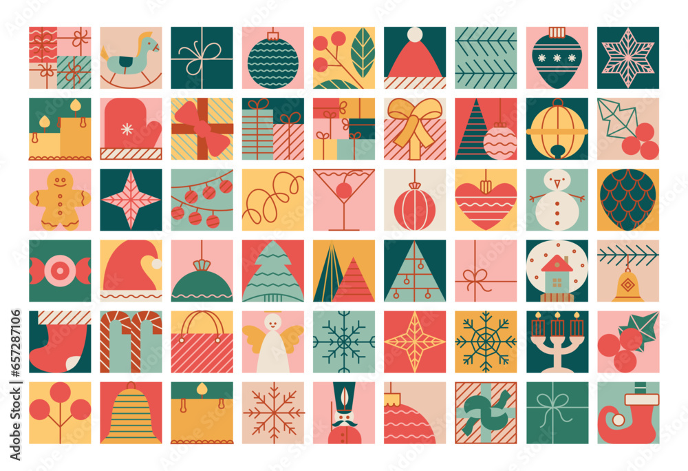 Christmas blocks with simple toys, balls, star, soldier, tree, candle. Vintage style geometric illustrations