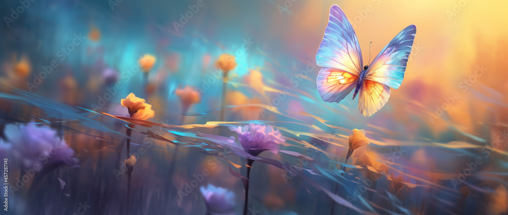 Beautiful blue butterfly on golde and purple flower buds on a soft blurred blue background. Soft romantic dreamy artistic image, beautiful round bokeh. - obrazy, fototapety, plakaty 