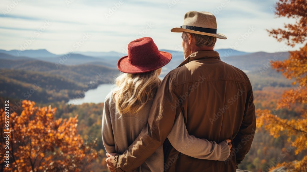 Man holds woman from behind while looking out at a scenic view Man holds woman from behind while looking out at a scenic view
