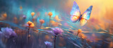 Beautiful blue butterfly on golde and purple flower buds on a soft blurred blue background. Soft romantic dreamy artistic image, beautiful round bokeh.