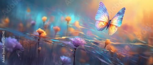 Beautiful blue butterfly on golde and purple flower buds on a soft blurred blue background. Soft romantic dreamy artistic image, beautiful round bokeh.