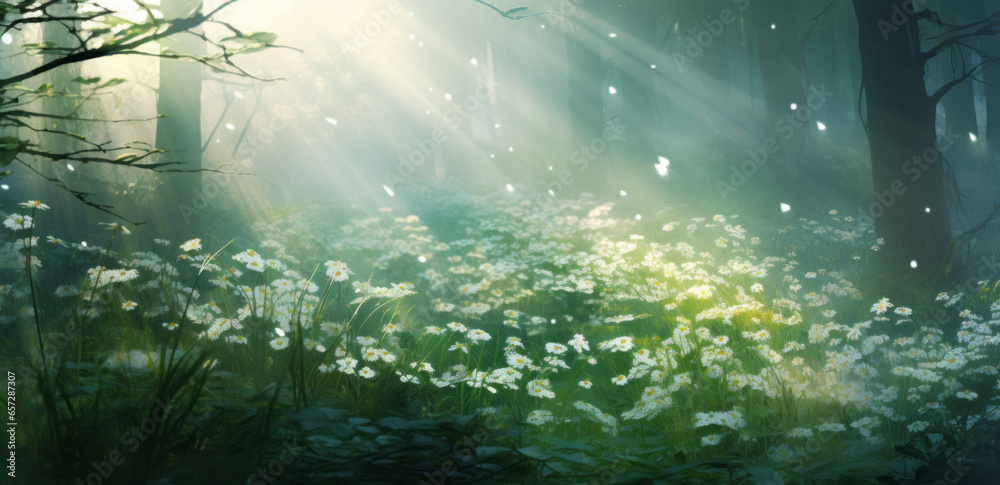 Fototapeta premium Beautiful spring landscape with meadow yellow flowers and daisies, blooming in the sun on sun flare background