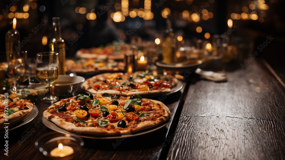 Tisch mit Pizza und schönen Gedeck mit grandioser Kulisse in der Abendsonne auf der Terrasse im Querformat für Banner, ai generativ