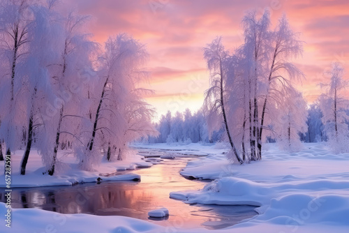 Winter snow covered wallpaper. A tree standing alone on a snowy field against a pink and orange frosty sunset sky. Beautiful winter nature scene.