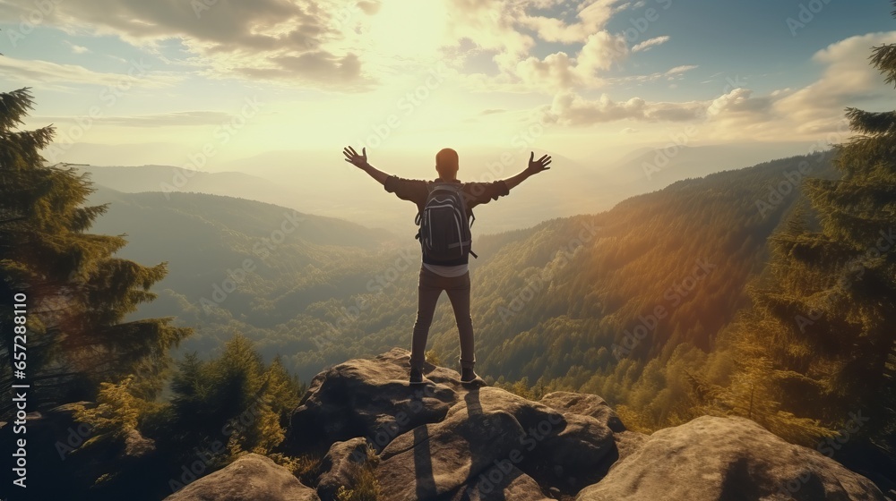 A man triumphantly standing on a mountain peak, embracing the beauty and vastness of nature A man triumphantly standing on a mountain peak, embracing the beauty and vastness of nature