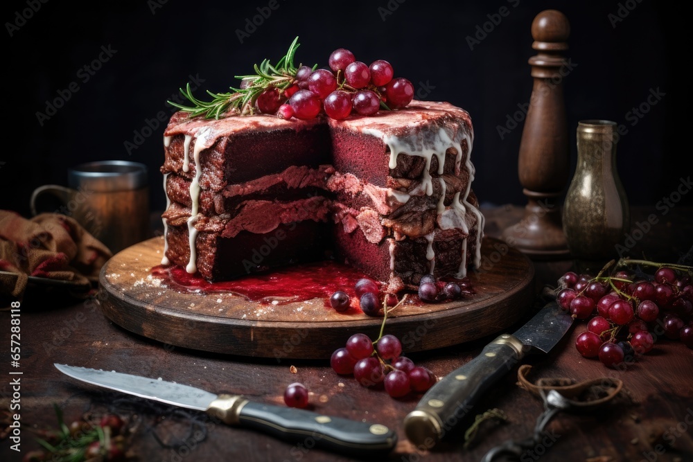 A chocolate cake with a slice taken out, revealing its moist interior. The cake is decorated with a simple grape arrangement, and is sitting on a wooden cutting board.