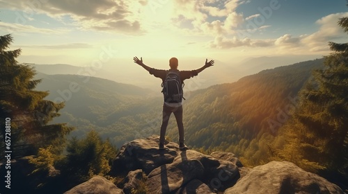 A man triumphantly standing on a mountain peak, embracing the beauty and vastness of nature